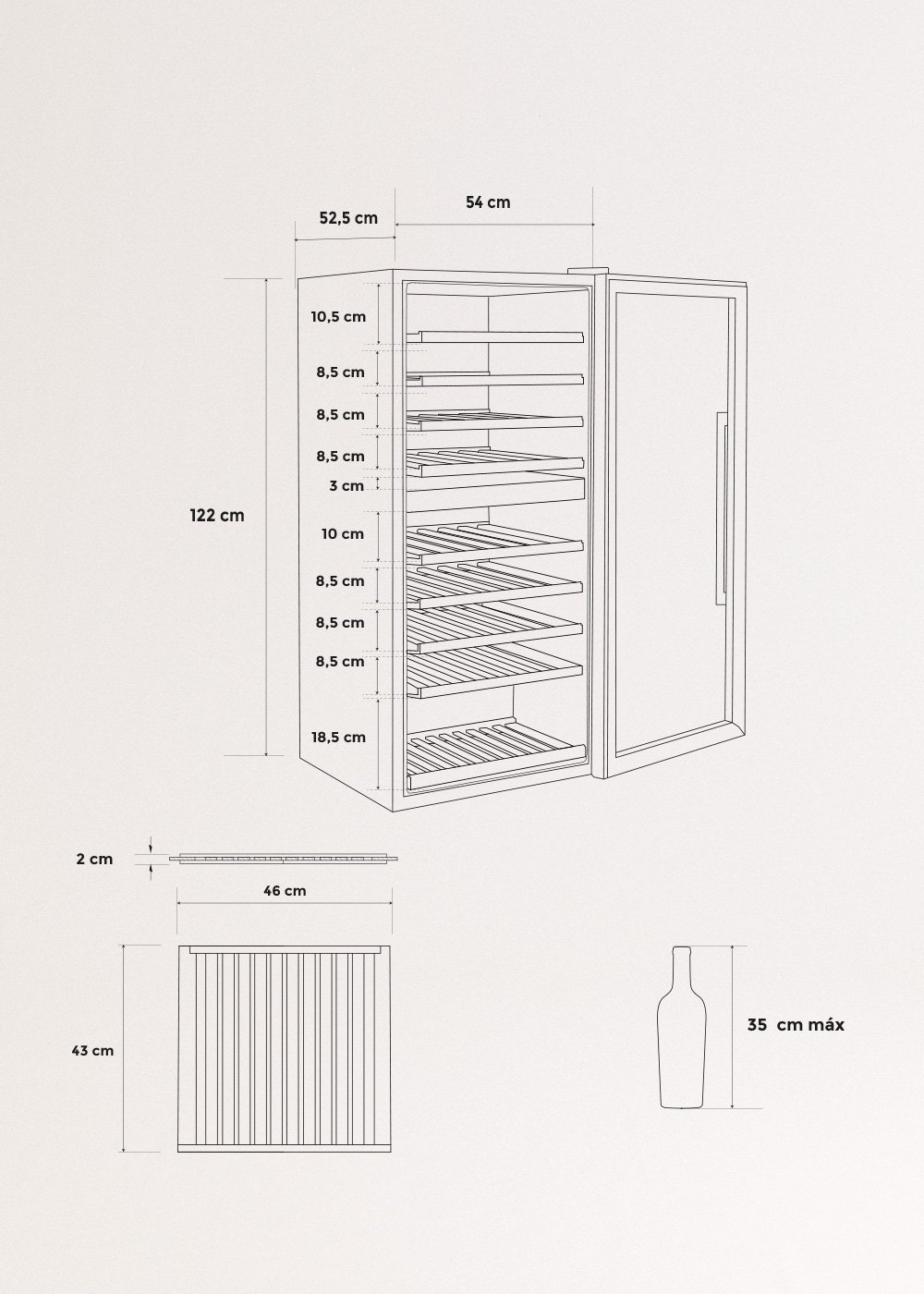 WINECOOLER XXL - Weinkühlschrank für 70 Flaschen, medidas foto vertical