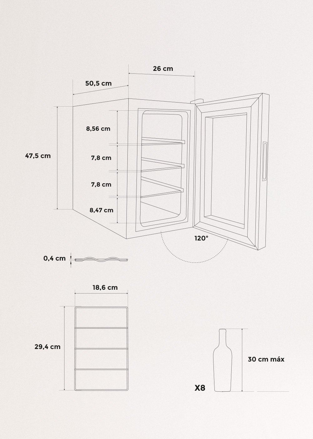WINECOOLER S - Weinkühlschrank für 8 Flaschen, medidas foto vertical