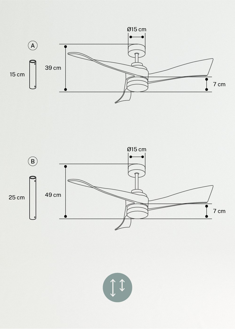 WIND CURVE - Leiser Deckenventilator 40W Ø132 cm 100% Holz, medidas foto vertical