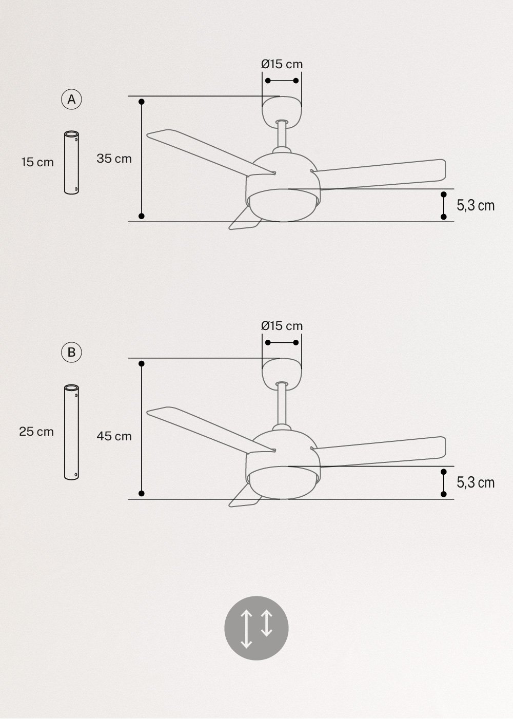 WIND BALL - Leiser Deckenventilator 40W Ø112 cm mit 15W LED-Licht Wendemesser, medidas foto vertical