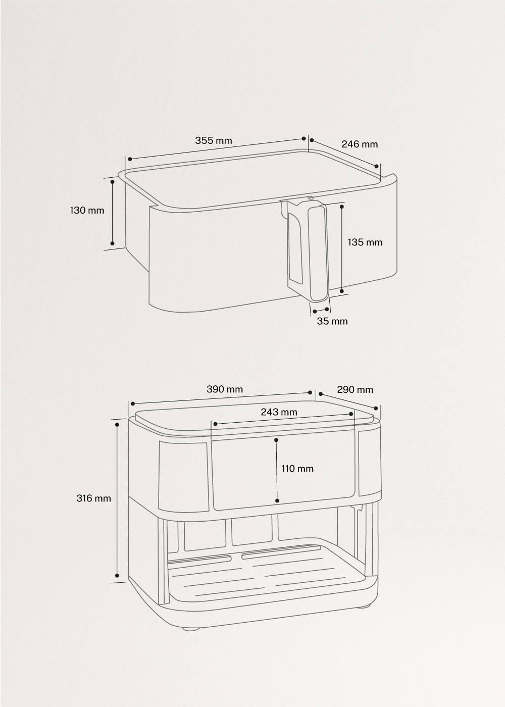 AIR FRYER DUAL - Heißluftfritteuse 10 L mit Trenner, medidas foto vertical
