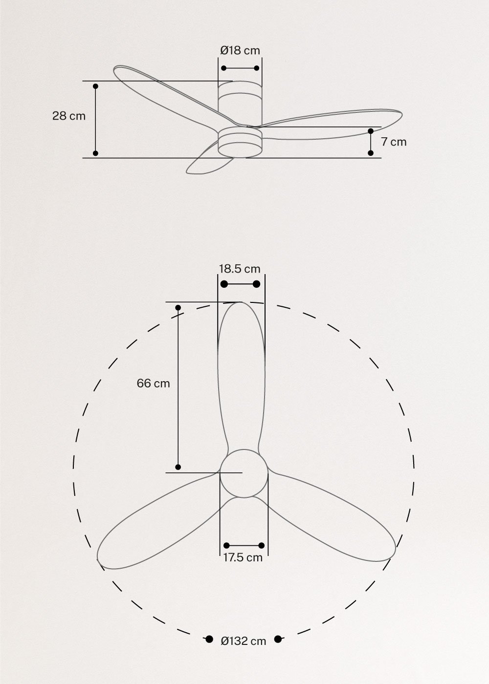 WIND LITE - 40W leiser Deckenventilator Ø132 cm für Innen- und Außenbereiche geeignet, medidas foto vertical