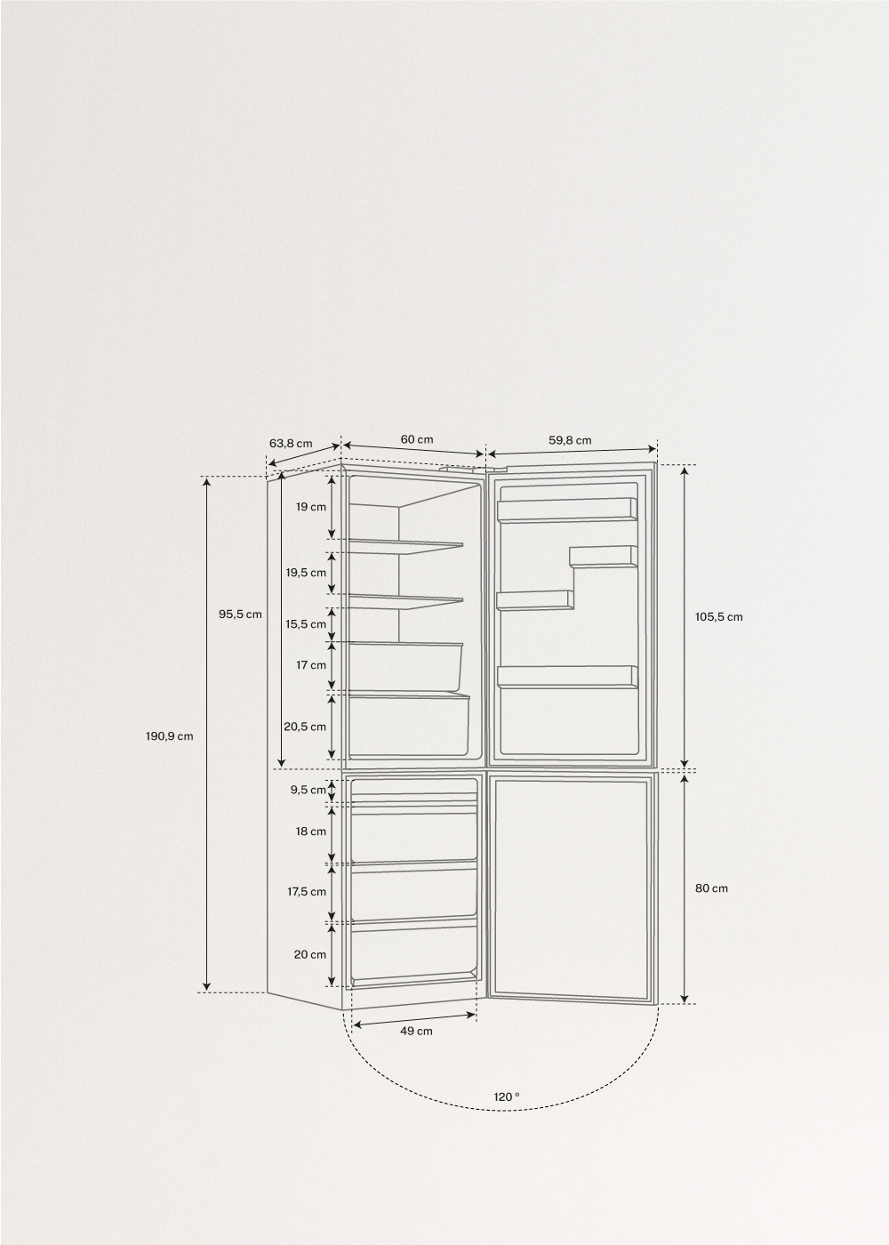 FRIDGE STUDIO COMBI PRO 402 - 402-Liter No Frost Kühl-Gefrierkombination mit Space Pro und Care+, medidas foto vertical