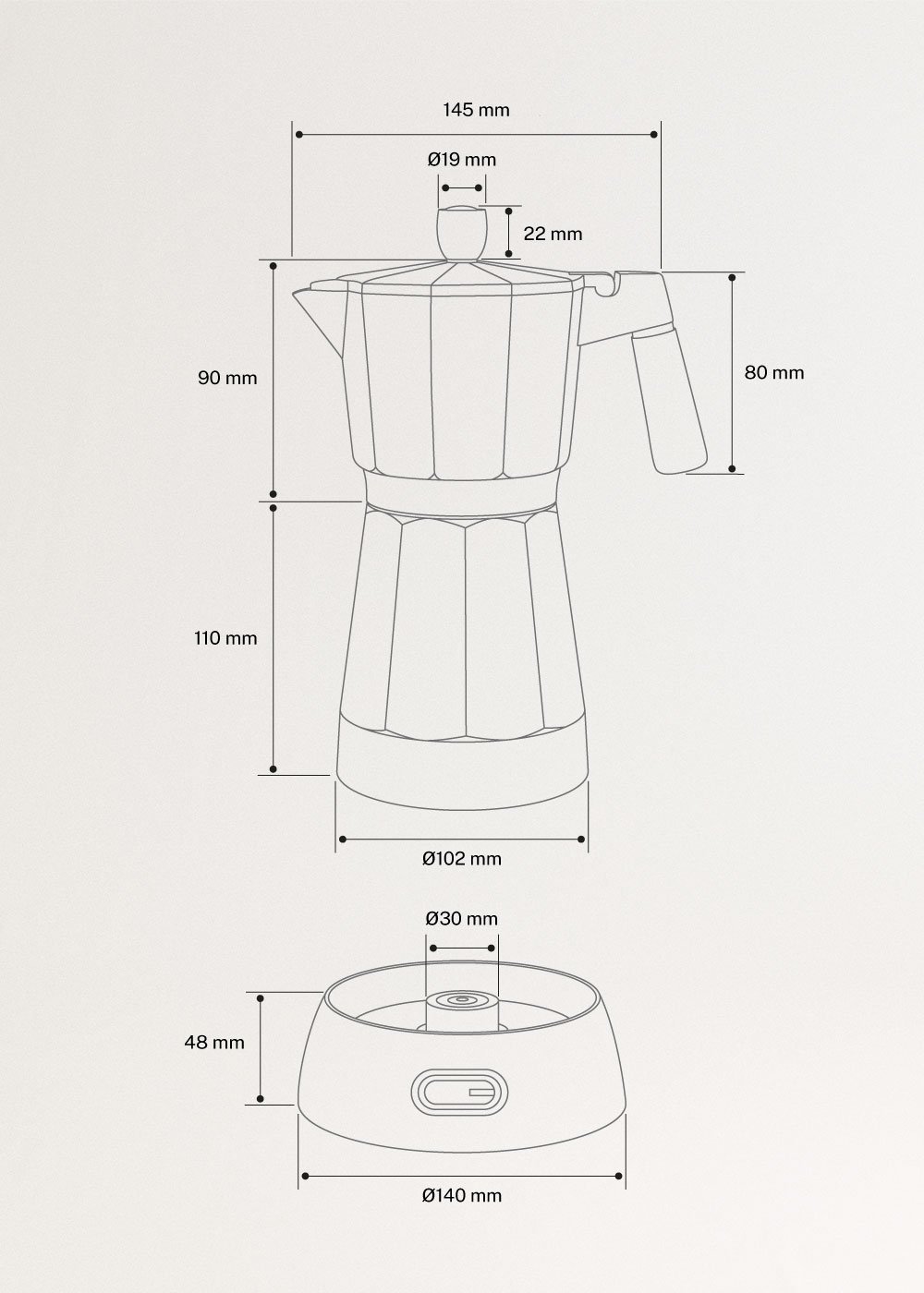 THERA MOKA ELECTRIC - Elektrische Espressokanne mit Warmhaltefunktion, medidas foto vertical