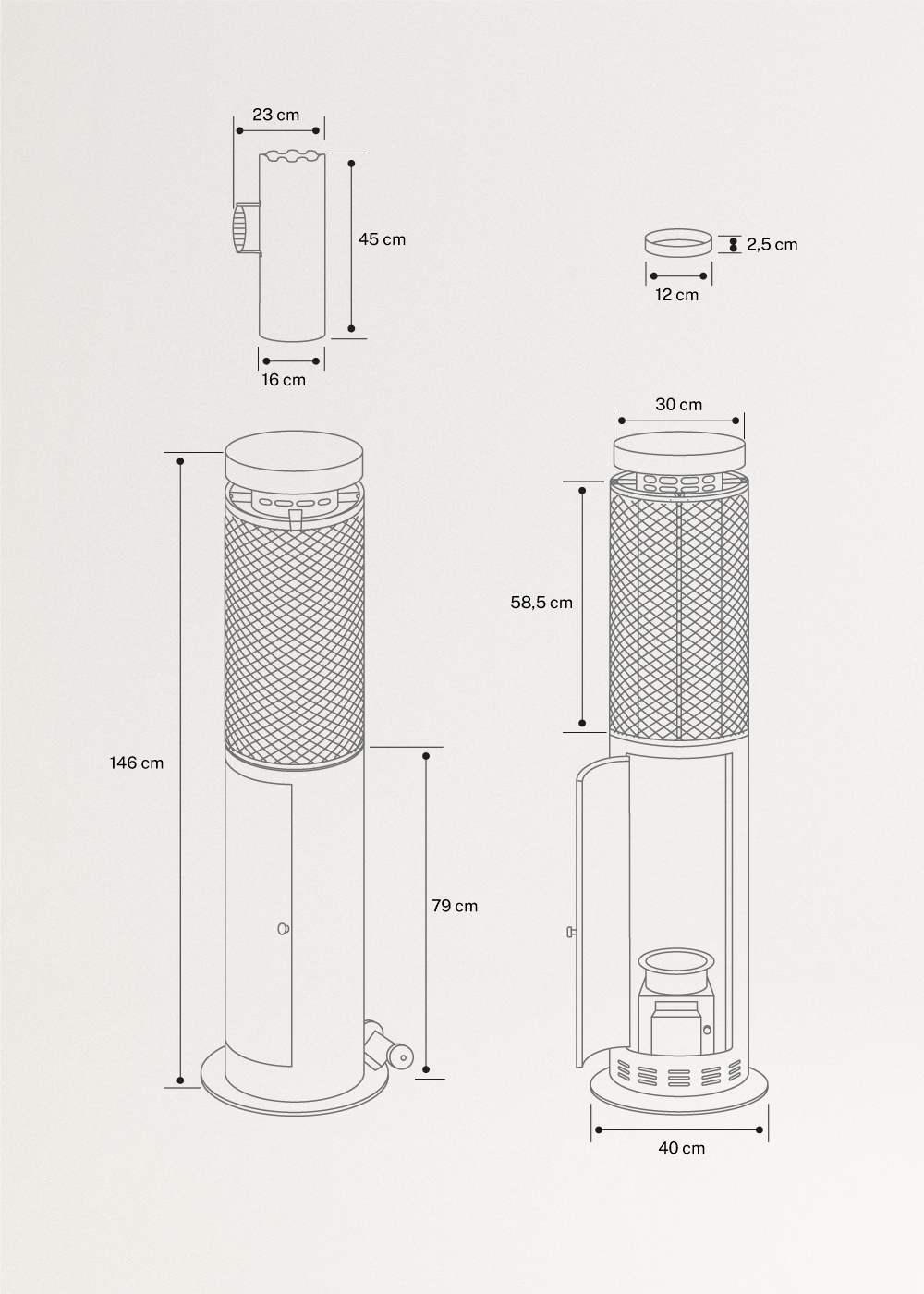 FIRE ROUND PELLET HEATER - Außenofen 17,5 kW rauchfrei mit Pellets, medidas foto vertical