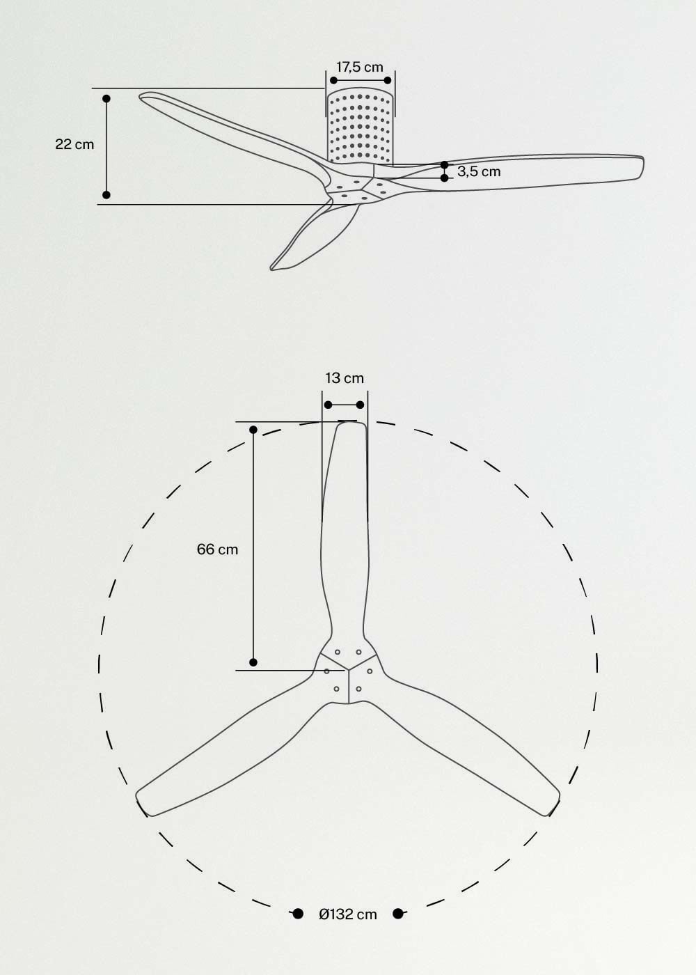 WIND CALM CUSTOM RATTAN - Deckenventilator 40W leise Ø132 cm mit LED-Licht in Körper und Lampe, medidas foto vertical