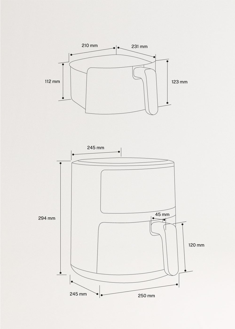 AIR FRYER EASY - 4,5 L Heißluftfritteuse, medidas foto vertical