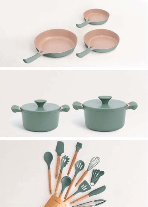 Kaufen KOCHSET 3 PFANNEN PAN STUDIO, 2 KOCHTÖPFE POT STUDIO UND UTENSILIEN-SET KITCHENWARE STUDIO