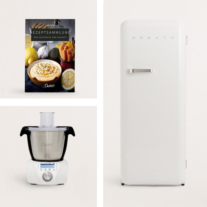 Pack - CHEFBOT COMPACT Küchenmaschiene mit Rezeptbuch + RETRO FRIDGE 150 WHITE Kühlschrank, imagen de galería 1