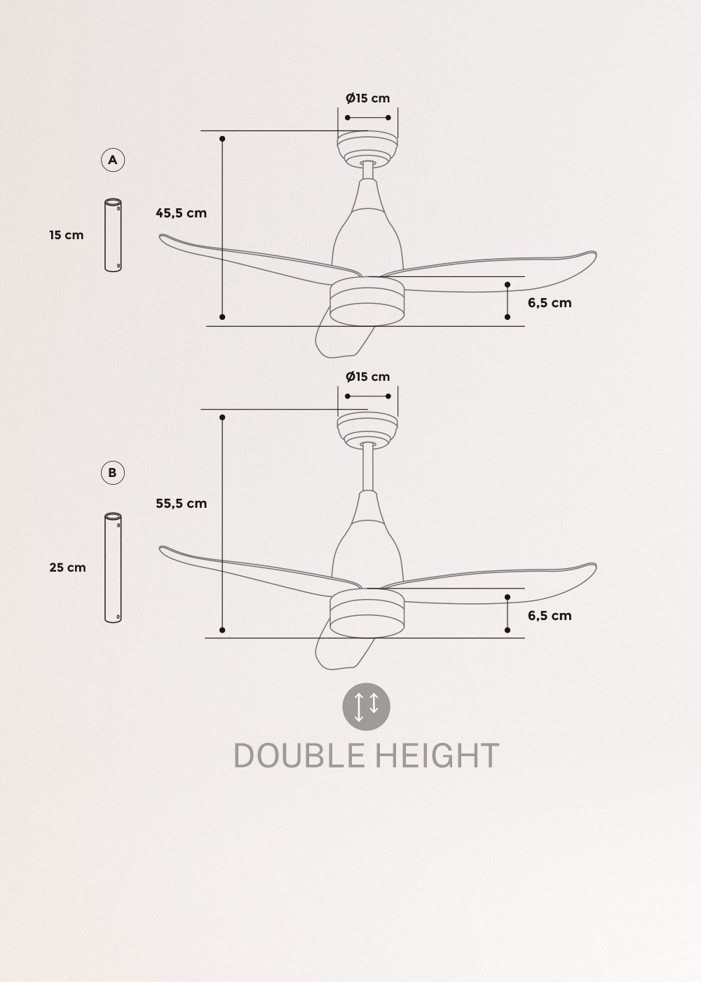 WIND HELIX - Ventilador de techo 40W silencioso Ø112 cm, medidas foto vertical