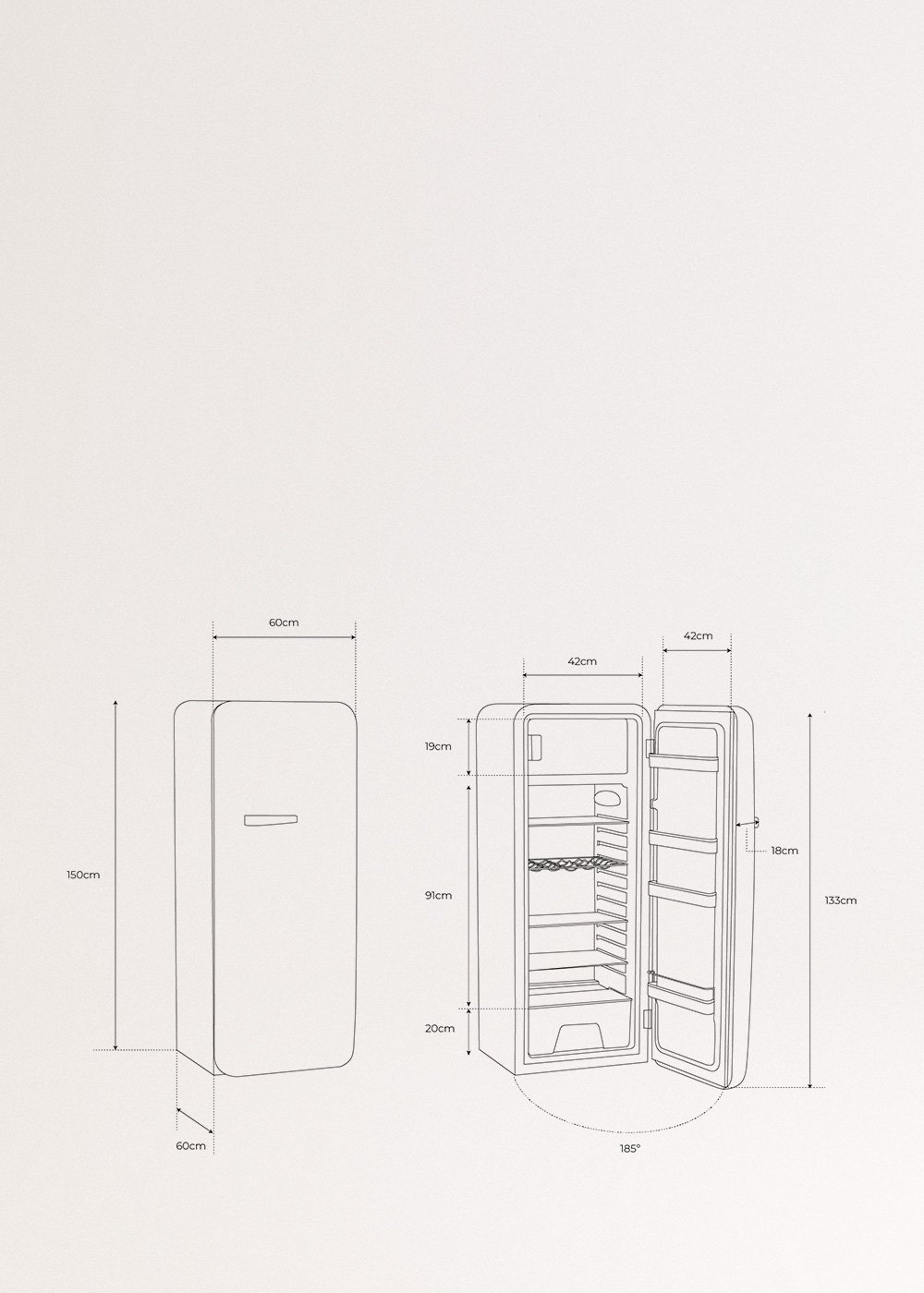 FRIDGE RETRO 281L - Frigorífico de estilo retro, medidas foto vertical
