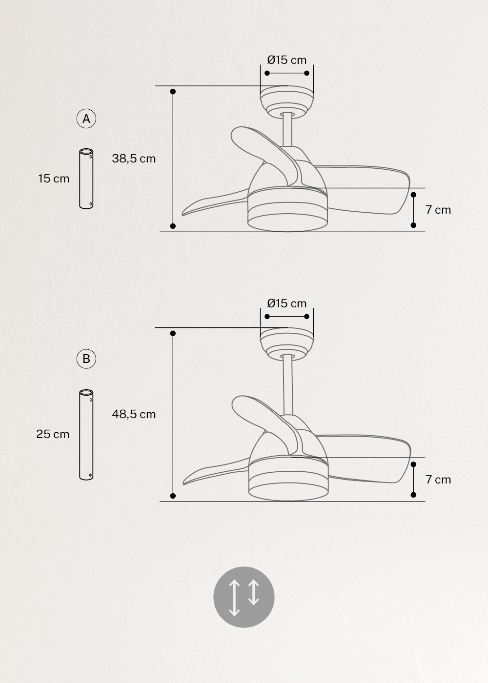 WIND ROUND - Ventilador de techo 40W silencioso Ø76 cm con luz LED de 15W, medidas foto vertical