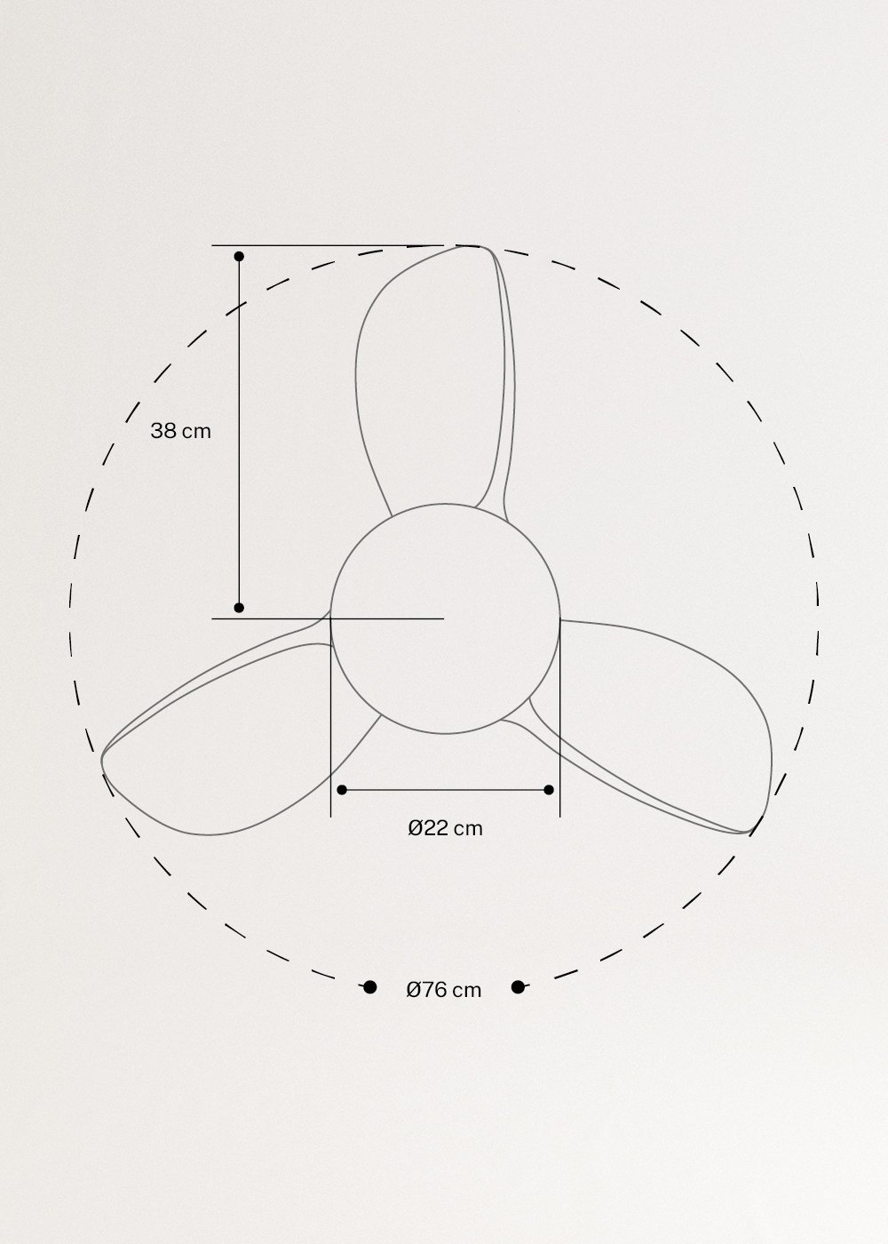WIND ROUND - Ventilador de techo 40W silencioso Ø76 cm con luz LED de 15W, medidas foto vertical