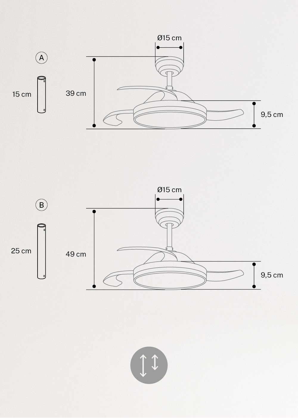 WIND CLEAR - Ventilador de techo 40W silencioso aspas retráctiles con luz LED varios tamaños, medidas foto vertical