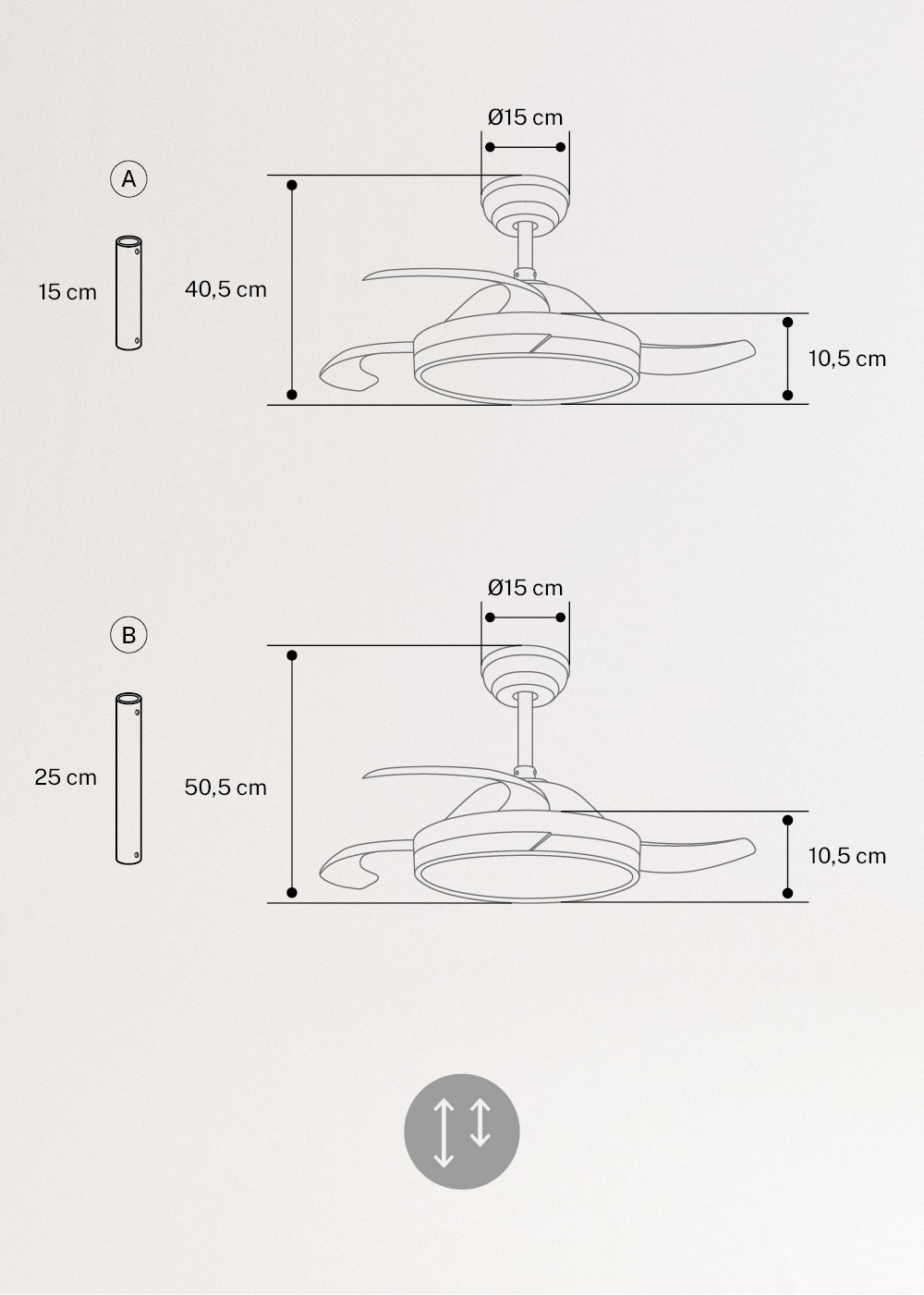 WIND CLEAR - Ventilador de techo 40W silencioso aspas retráctiles con luz LED varios tamaños, medidas foto vertical