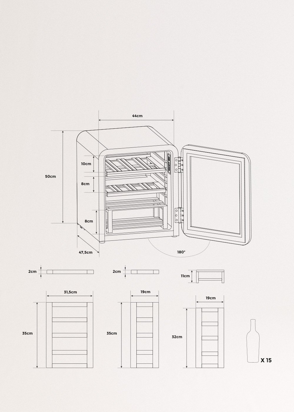 WINECOOLER RETRO - Vinoteca eléctrica de estilo retro para 12, 45 o 76 botellas, medidas foto vertical