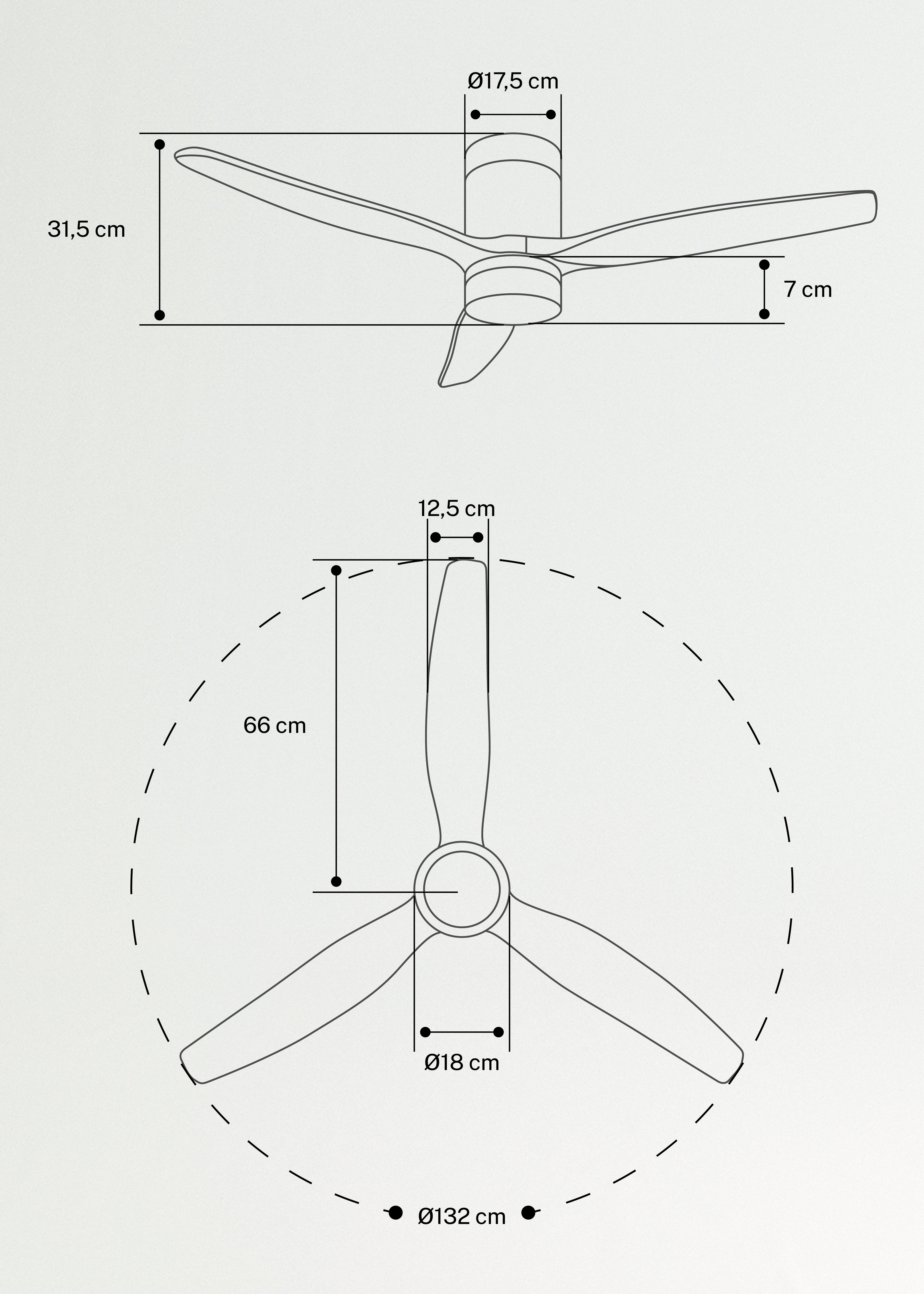 WIND CALM PATIO - Ventilador de techo para exteriores 40W Ø132 cm con luz LED de 15W, medidas foto vertical