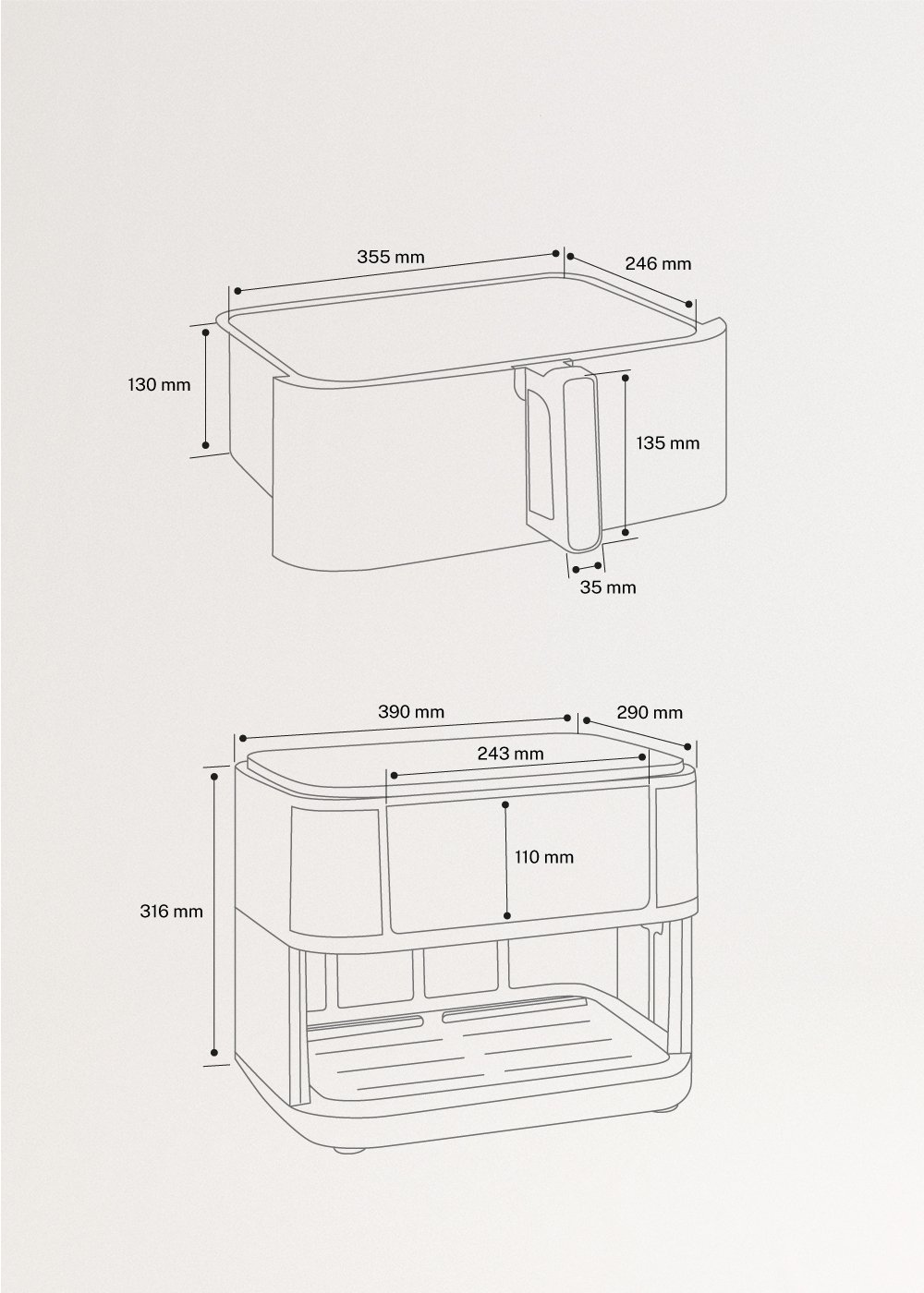 AIR FRYER DUAL - Freidora de aire 10 L con separador, medidas foto vertical