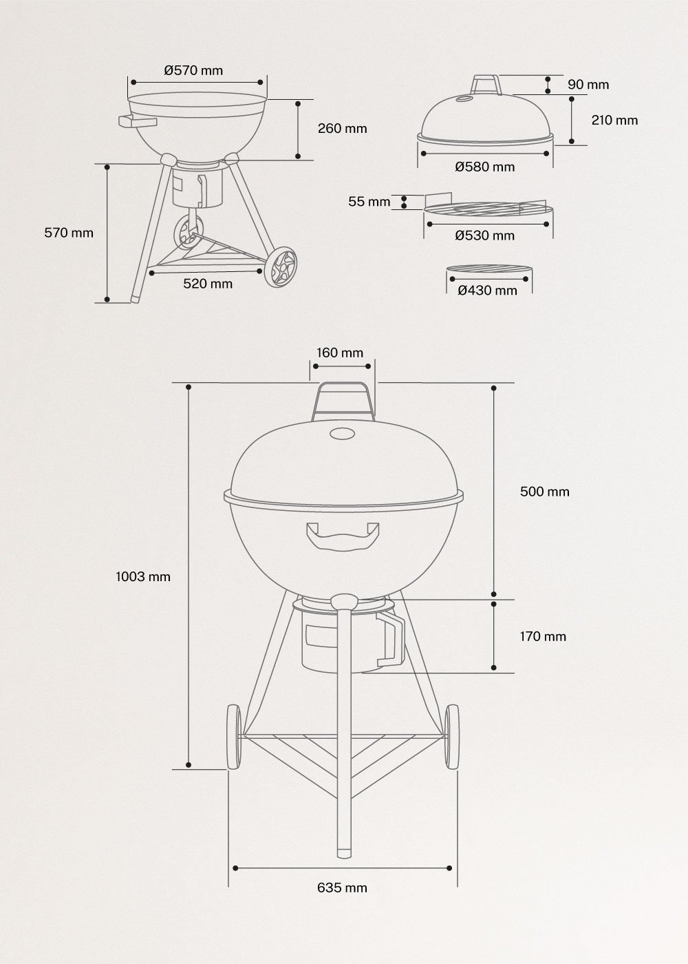 BBQ SMOKEY KETTLE - Barbacoa ahumadora de carbón con recolector de brasas, medidas foto vertical