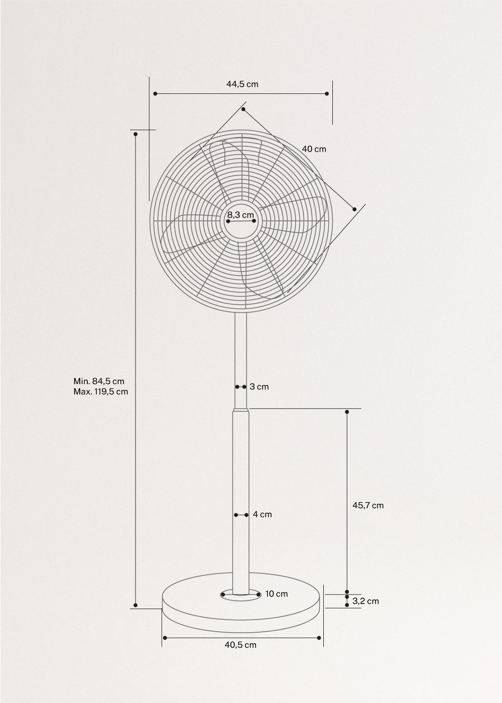 AIR STAND EASY - Ventilador de pie oscilante 50W , medidas foto vertical