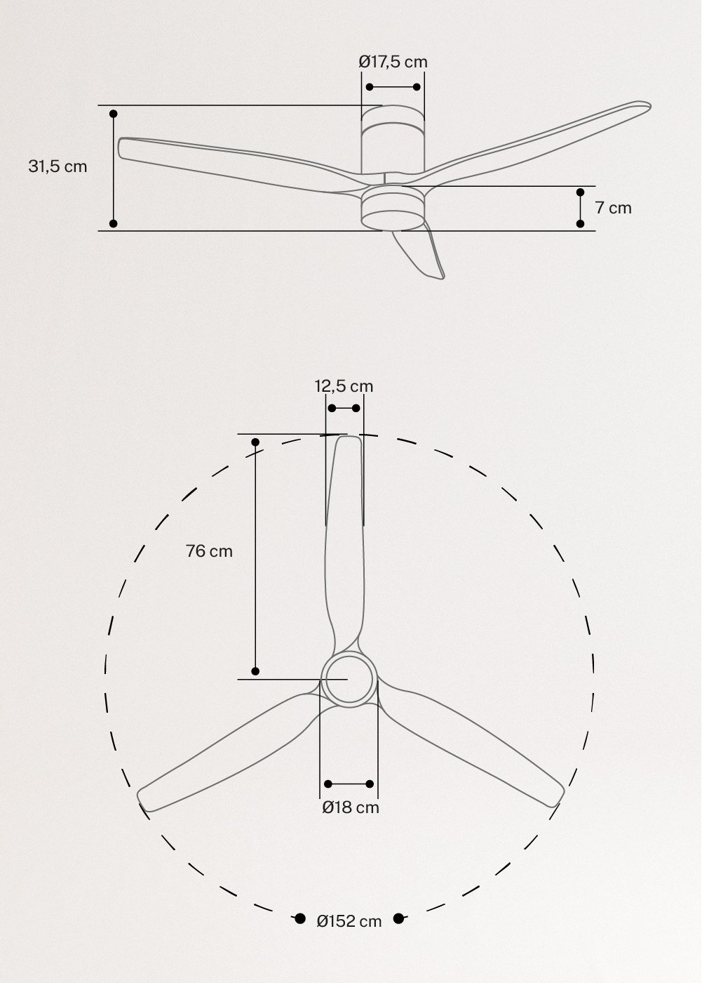 WIND CALM - Ventilador de techo 40W silencioso con aspas de ABS técnico varios tamaños, medidas foto vertical