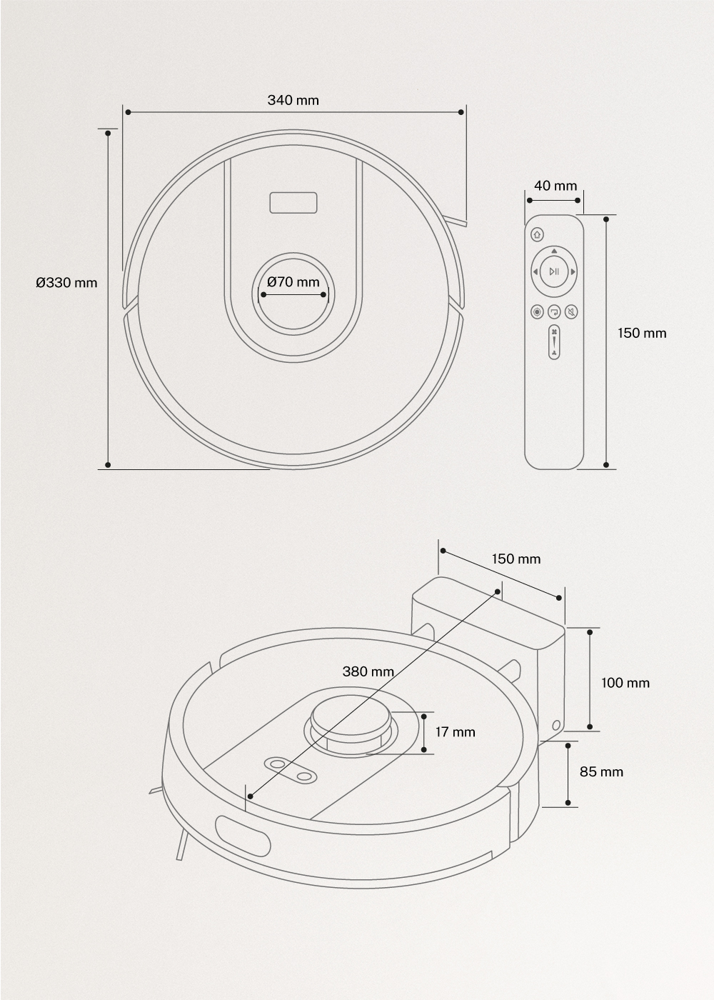 NETBOT LS50 - Robot aspirador friegasuelos inteligente con base de autovaciado opcional 5000Pa, medidas foto vertical