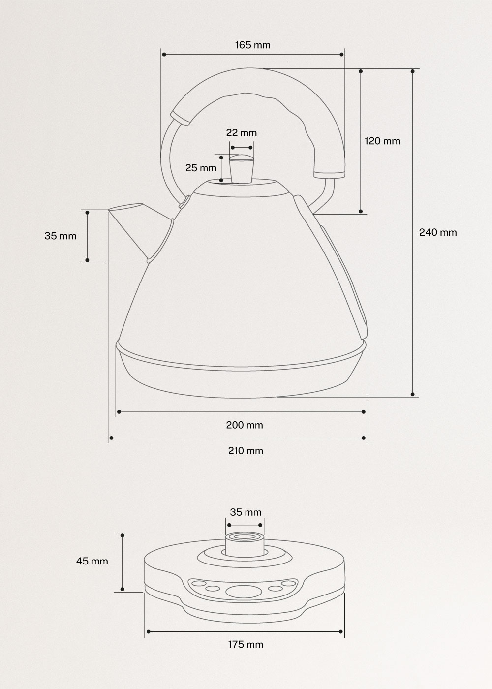 KETTLE RETRO PRO - Hervidor eléctrico de 1 L con control de temperatura, medidas foto vertical