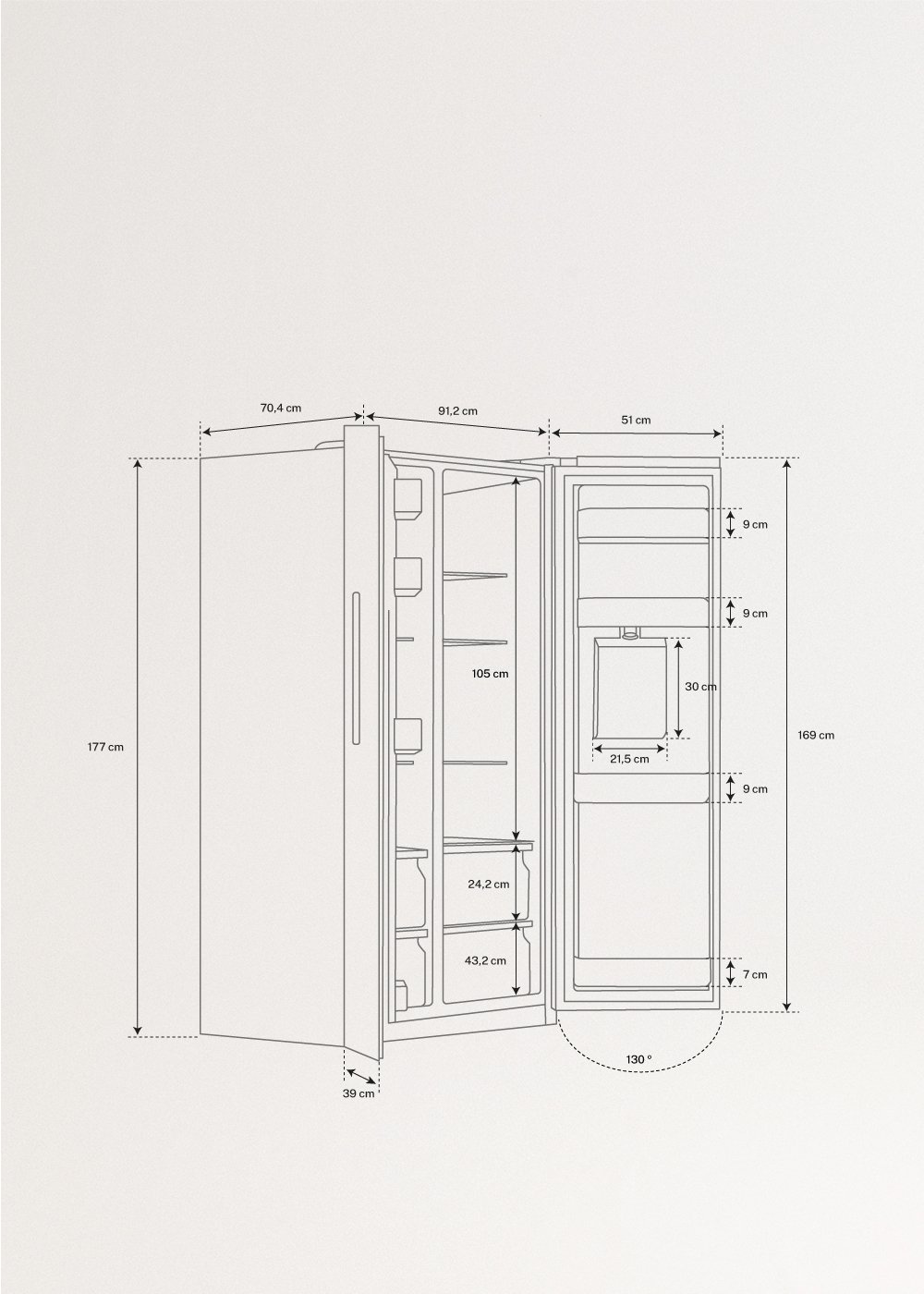FRIDGE STUDIO SIDE BY SIDE 559 - Frigorífico con dispensador de agua estilo Side by side 559L No Frost, medidas foto vertical