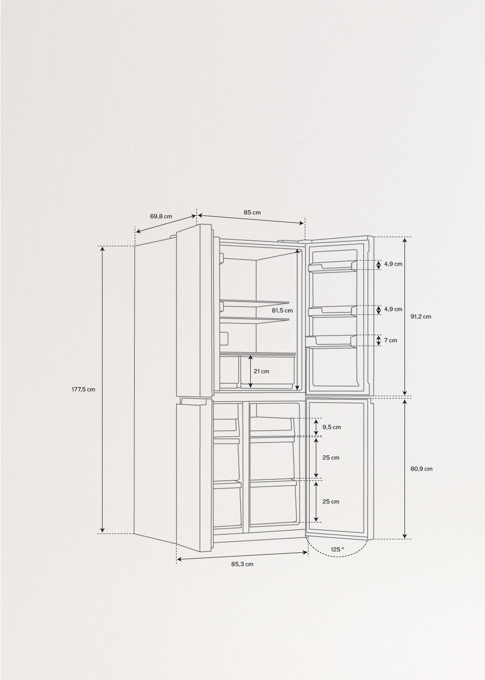 FRIDGE STUDIO CROSS DOOR 503 - Frigorífico estilo Cross door 4 puertas 503L No Frost con Care+, medidas foto vertical