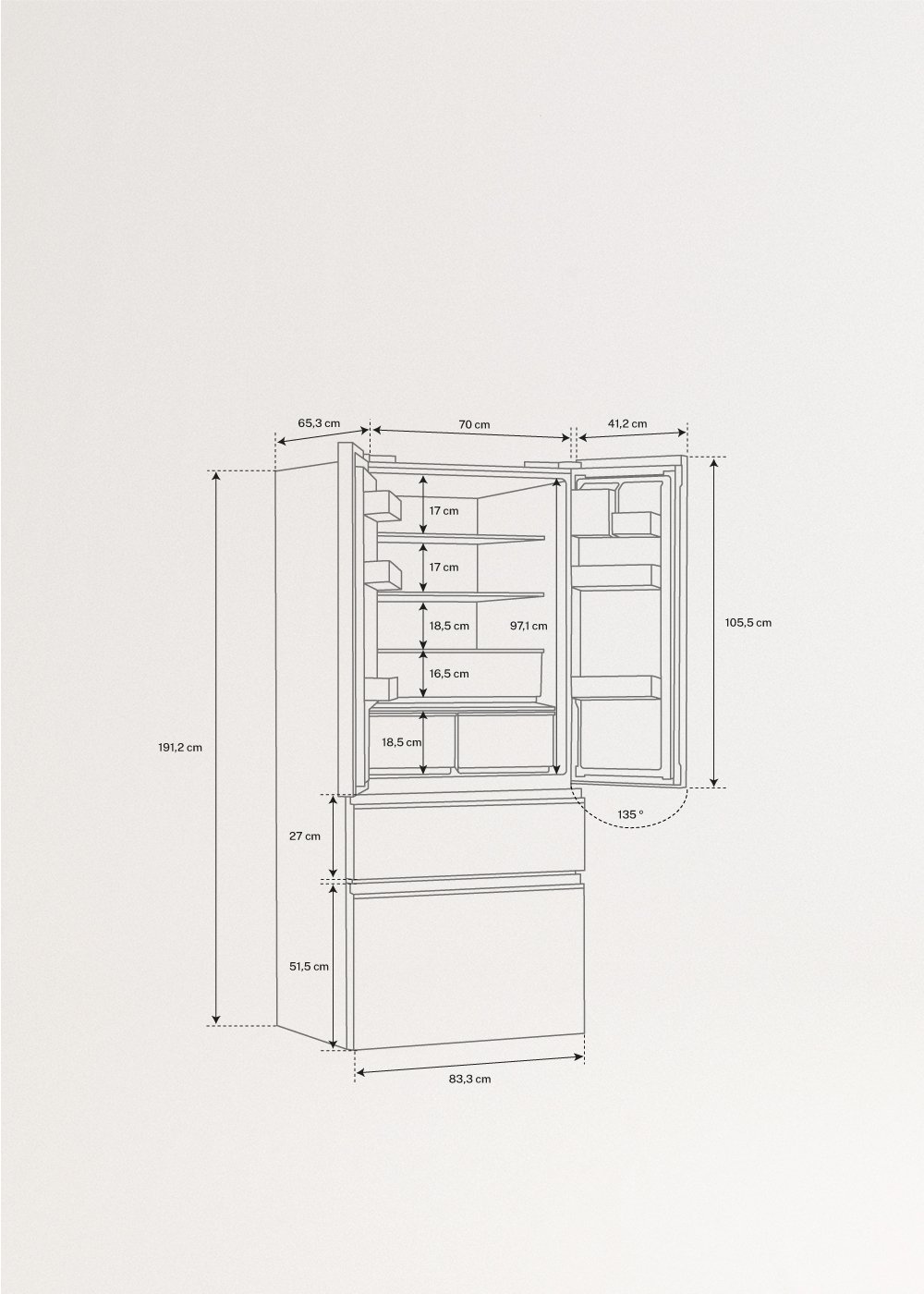 FRIDGE STUDIO FRENCH DOOR PRO 509 - Frigorífico estilo French door 509L No Frost con Space Pro y Care+, medidas foto vertical