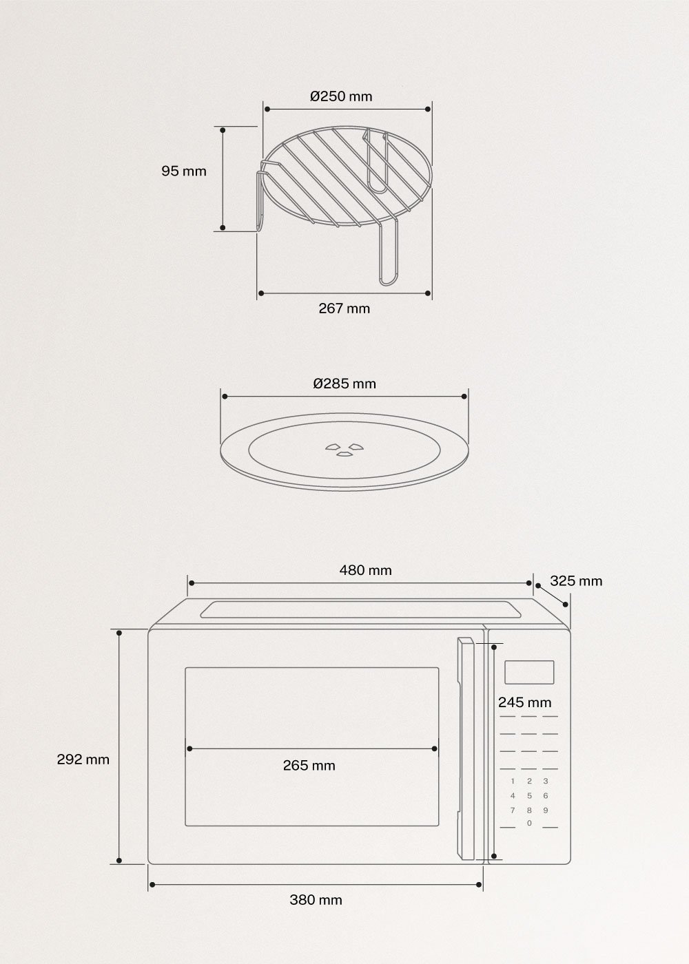 MICROWAVE STUDIO - Microondas con función grill y horno 1000W, medidas foto vertical