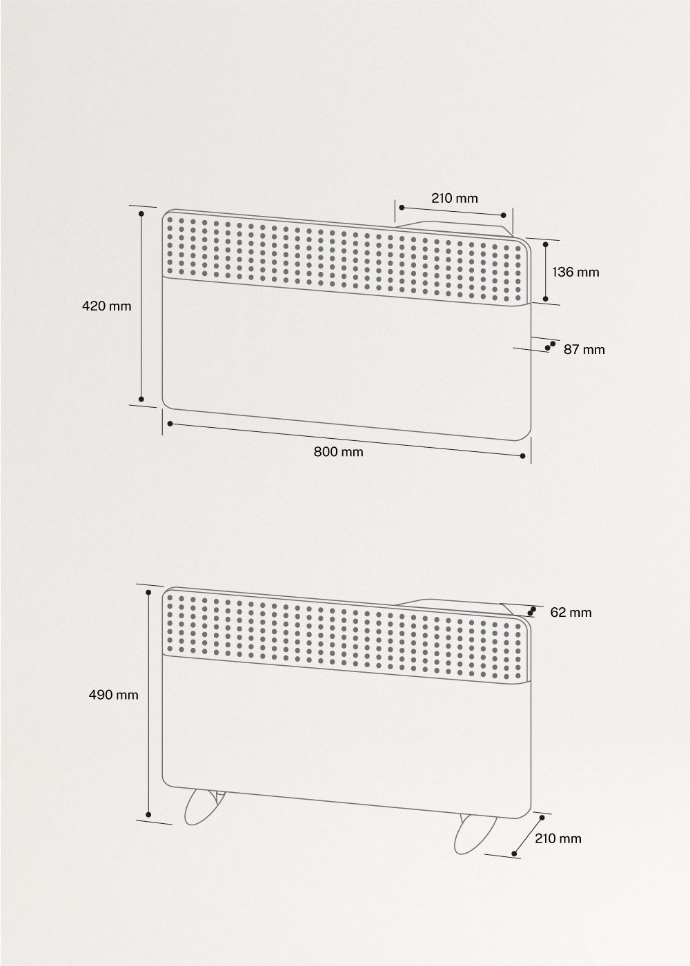 WARM TEXTILE INVERTER - Convector Inverter de pared o suelo con WiFi 1500W / 2000W, medidas foto vertical