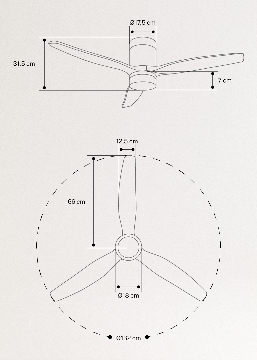 WIND CALM - Ventilador de techo 40W silencioso con aspas de ABS técnico varios tamaños, medidas foto vertical