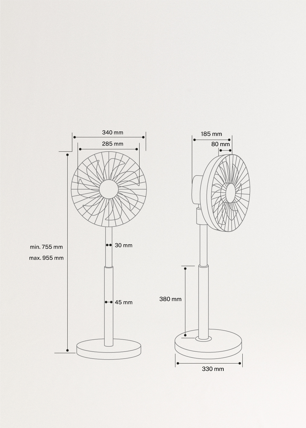 AIR STAND 3D - Ventilador de pie con oscilación 3D 30W ultrasilencioso, medidas foto vertical