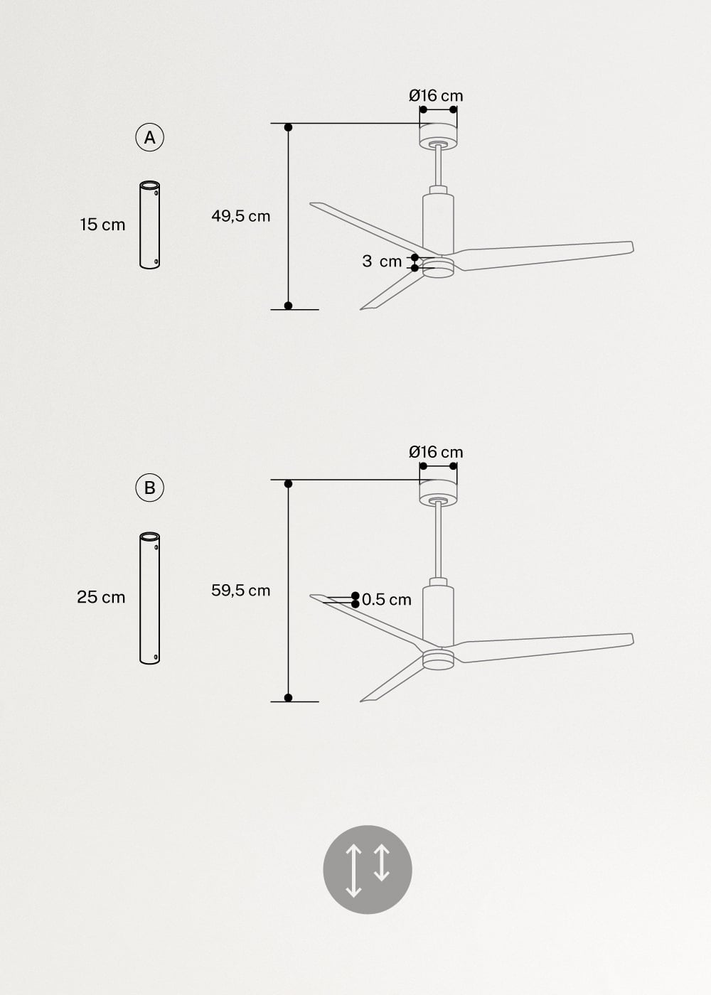 WIND FORMA - Ventilador de techo 45W silencioso Ø152 cm con luz ambiental opcional, medidas foto vertical
