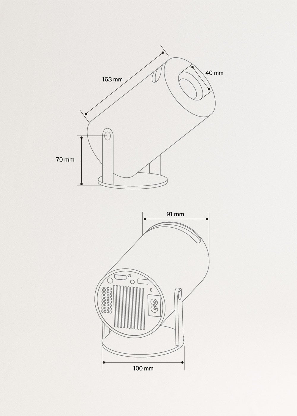 PROJECTOR STUDIO COMPACT - Proyector Smart HD con Wifi, Bluetooth y rotación 180º, medidas foto vertical