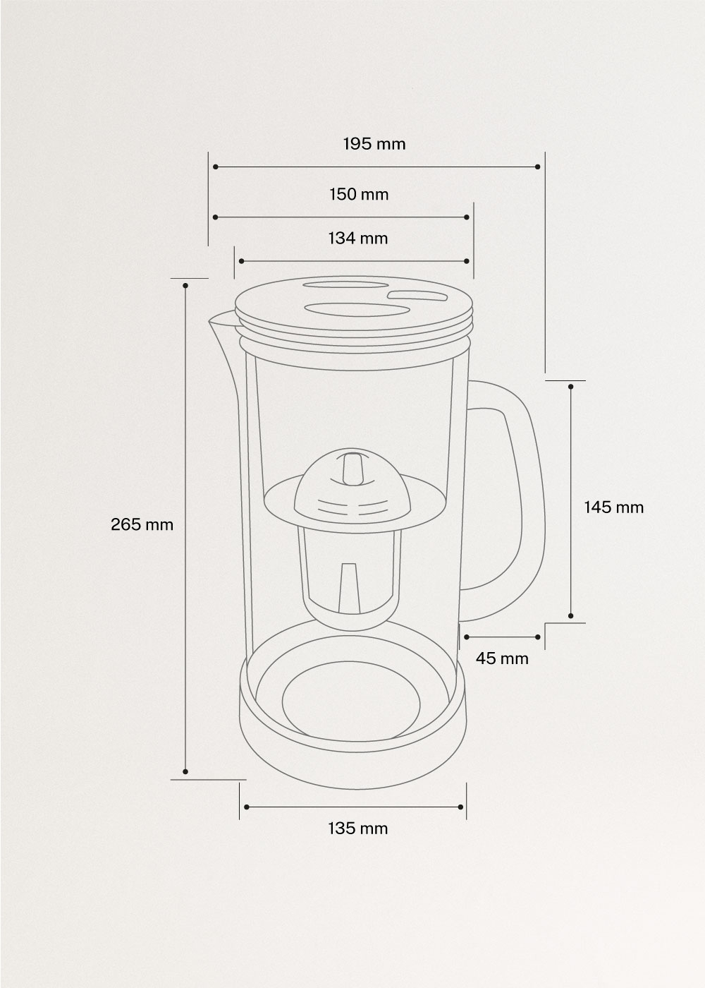 AQUA CLEAR JUG - Jarra de cristal 1.5 l purificadora de agua con doble filtro, medidas foto vertical