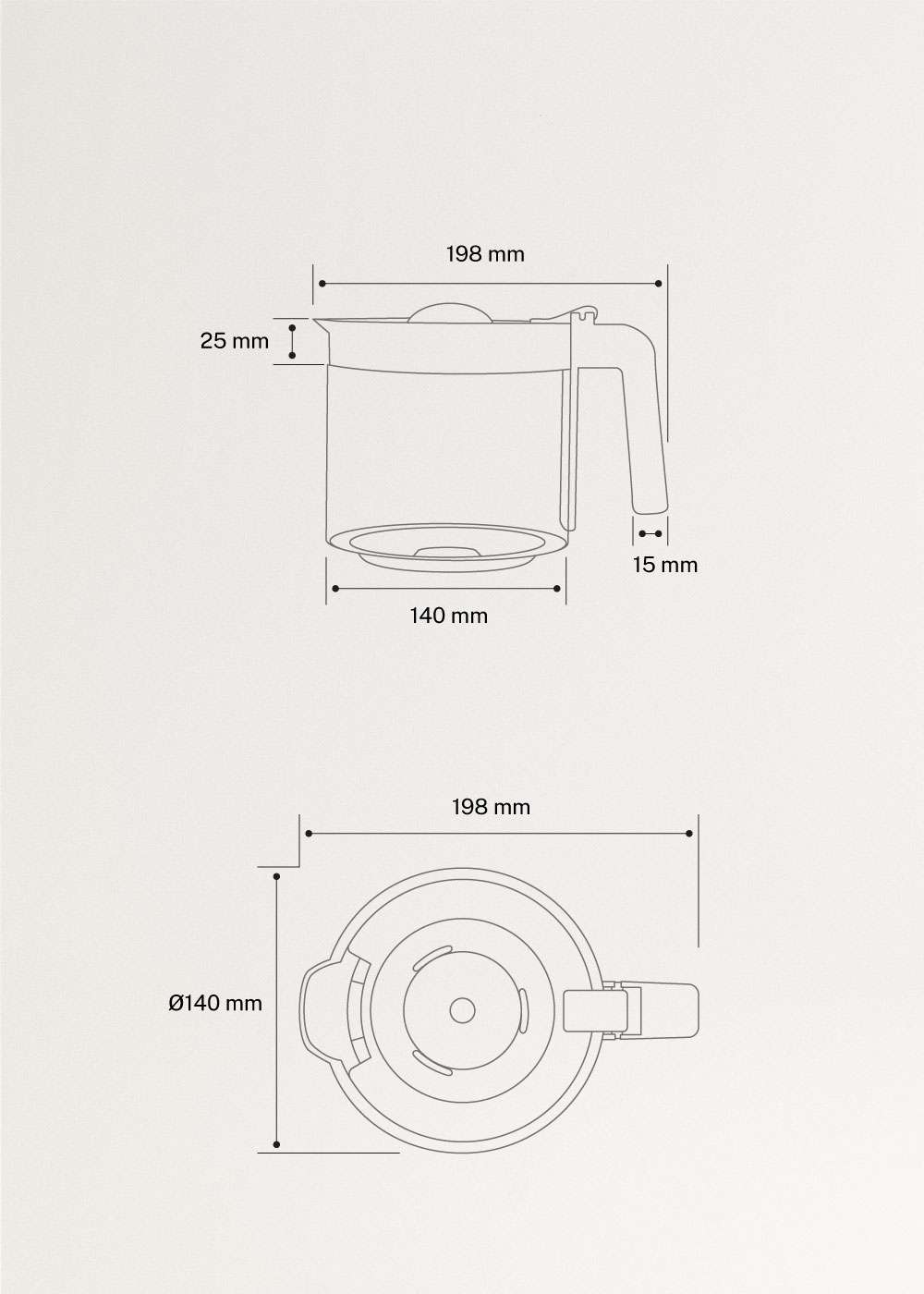 THERA DRIP - Cafetera de goteo 1.5 litros con función de mantener caliente, medidas foto vertical