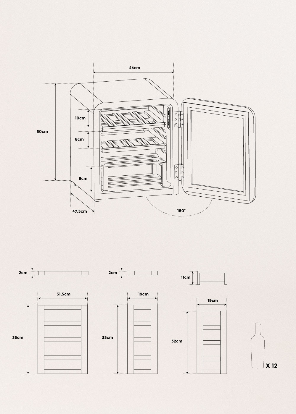 WINECOOLER RETRO - Vinoteca eléctrica de estilo retro para 12, 24, 45 o 76 botellas, medidas foto vertical
