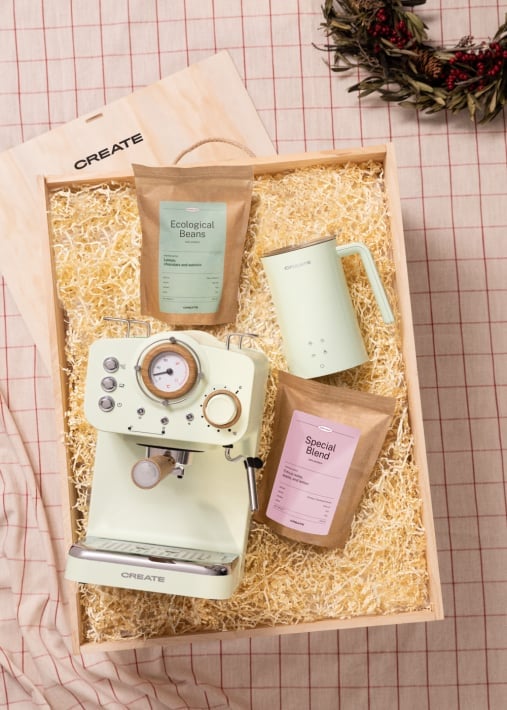Comprar MORNING TIME BOX - Caja regalo con cafetera express + espumador de leche + café 