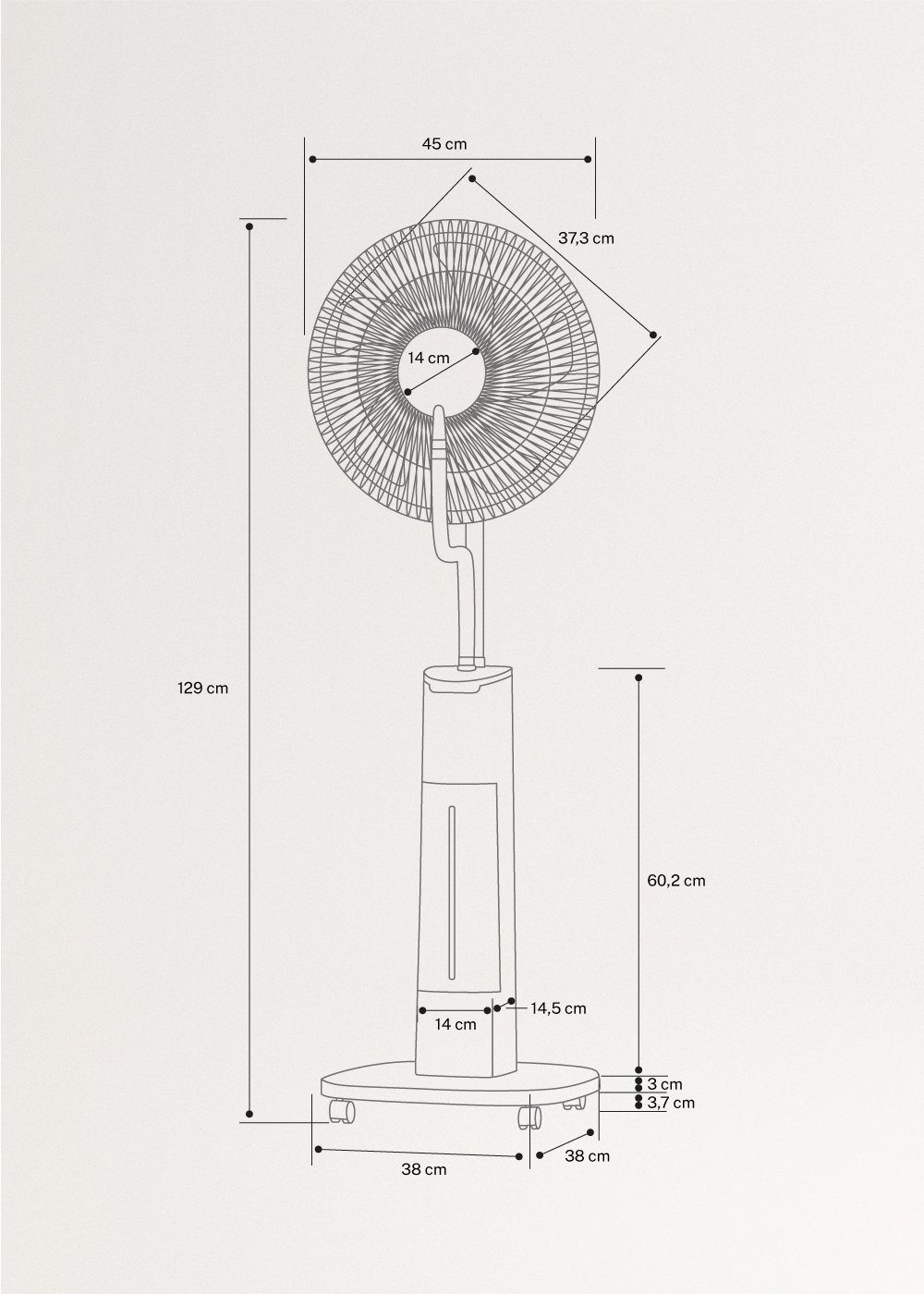 AIR MIST PRO - Ventilateur brumisateur oscillant avec télécommande, medidas foto vertical