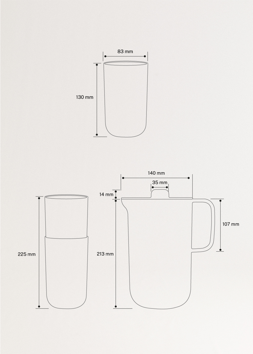 KITCHENWARE OUTDOOR ECO - Service carafe de 2 L et 4 verres de 500 ml, medidas foto vertical