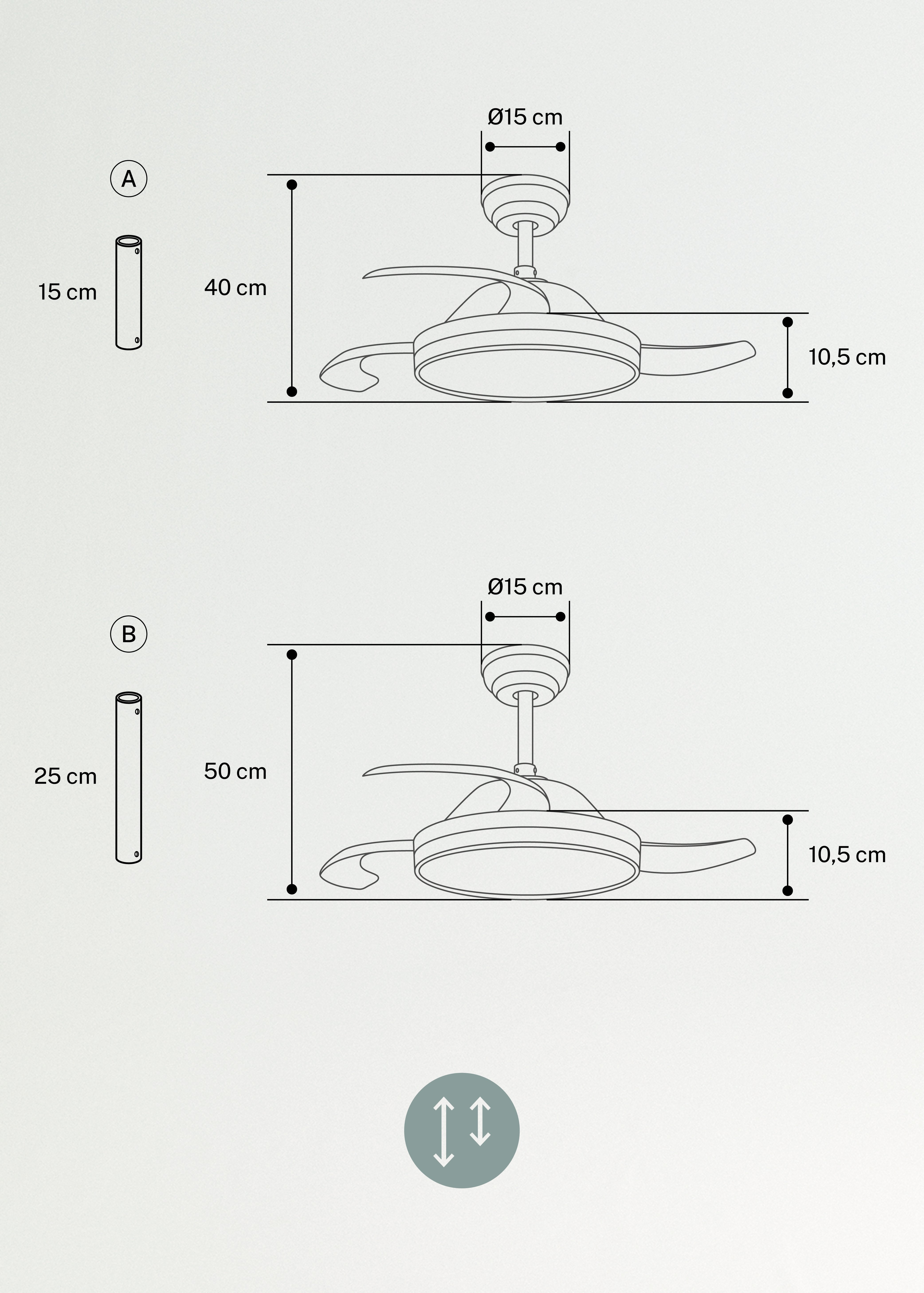 WIND CLEAR - Ventilateur de plafond 40W silencieux à pales rétractables avec éclairage LED différentes tailles
, medidas foto vertical