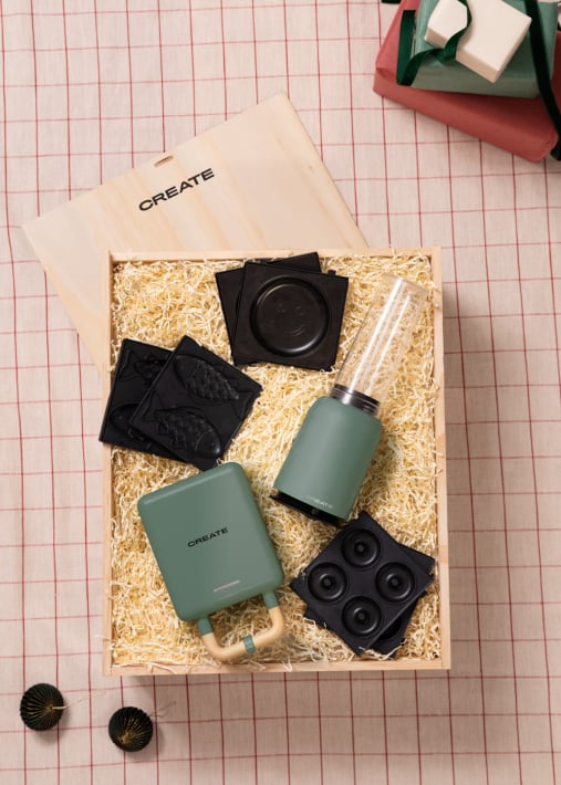 BRUNCH BOX - Coffret cadeau contenant mixeur + appareil à croque-monsieur, gaufre et grill + trois plaques interchangeables
