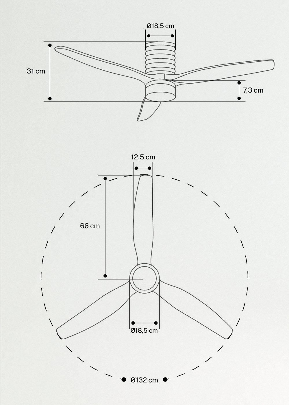WIND CALM LINE - Ventilateur de plafond 40W silencieux Ø132 cm 100% bois, medidas foto vertical