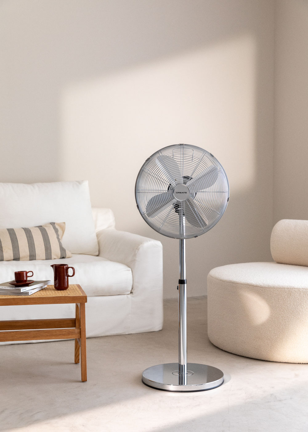 CREATE Harper Ventilateur Sur Pied Oscillating Bois & Blanc – Moteur DC 50W Silencieux Rétro