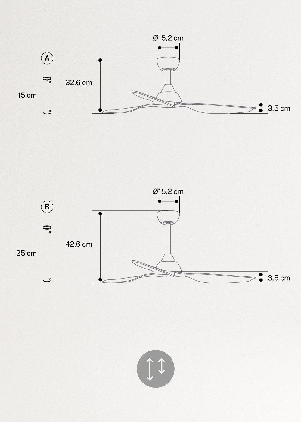 WIND BALANCE - Ventilateur de plafond 40W silencieux Ø132 cm, medidas foto vertical