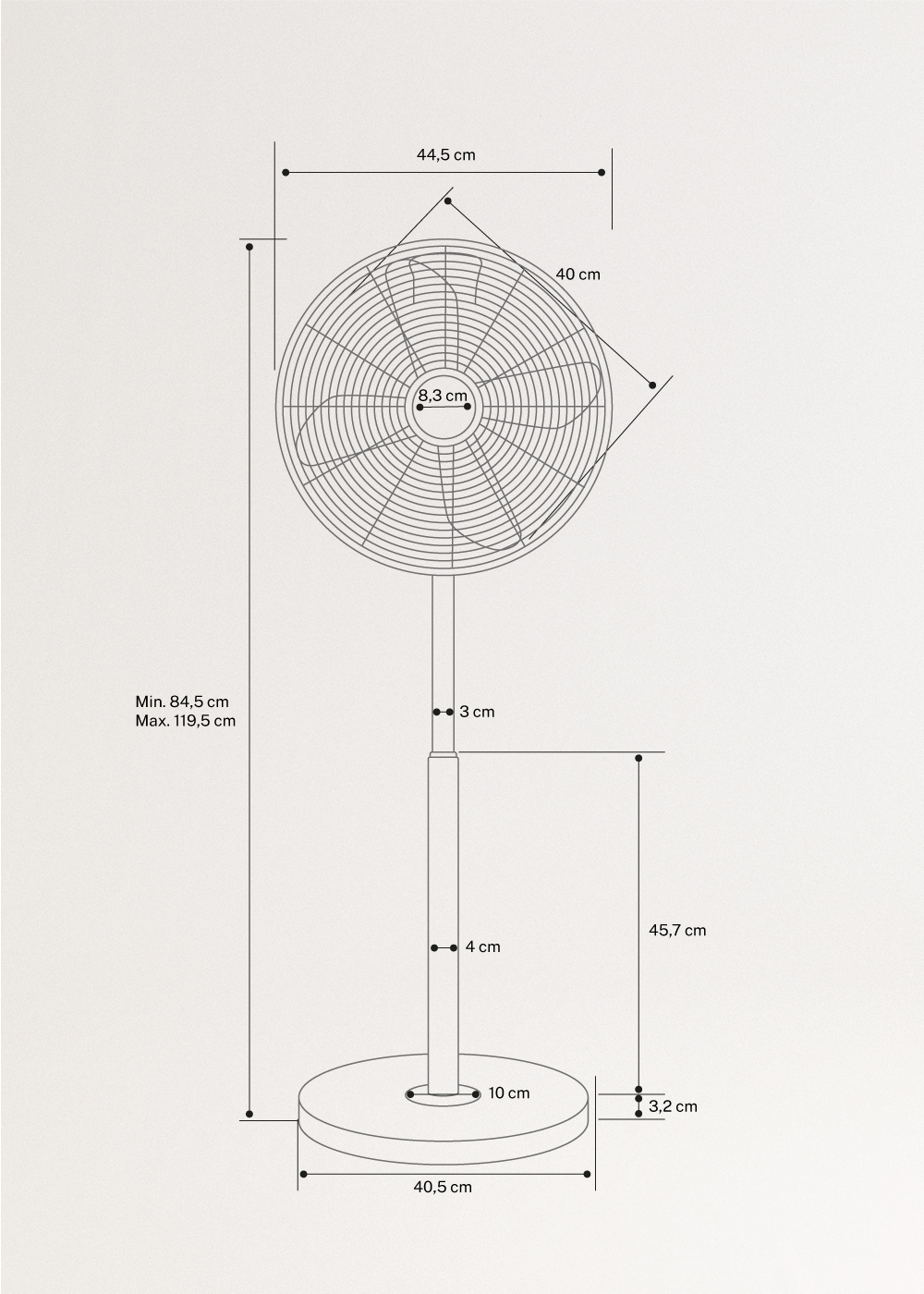AIR STAND EASY - Ventilateur sur pied oscillant 50W, medidas foto vertical