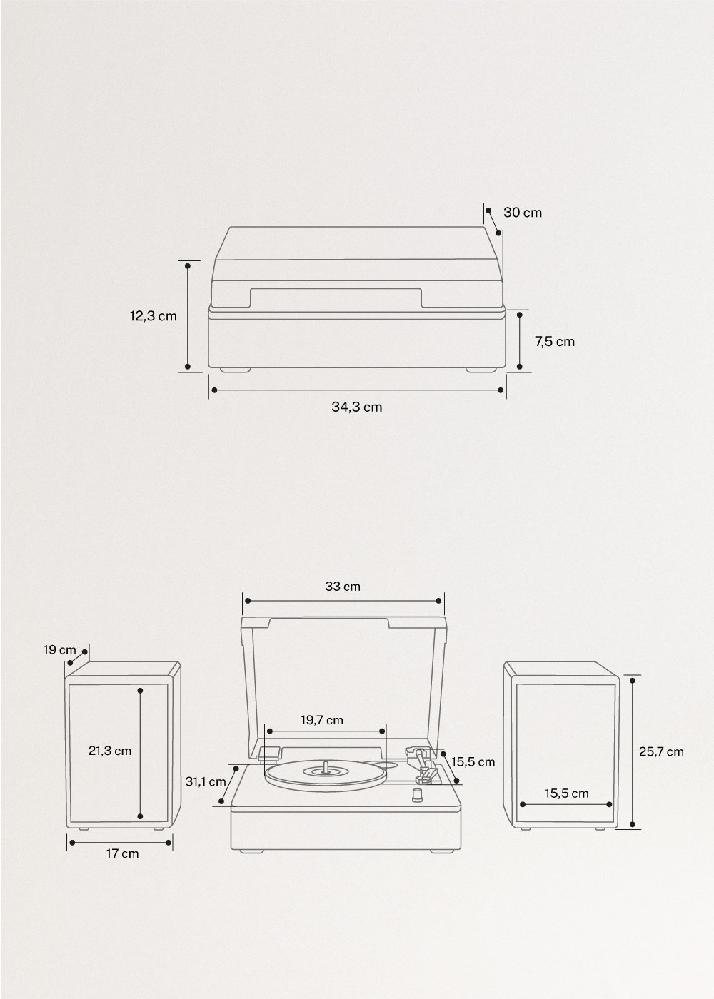 RECORD PLAYER PRO - Tourne-disque avec 2 haut-parleurs externes, Bluetooth et sortie RCA, medidas foto vertical