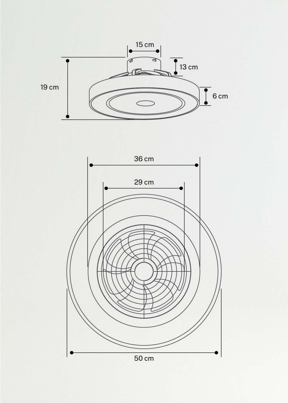 WIND CLEAR EASY - Ventilateur de plafond silencieux 40W Ø50 cm avec pales dissimulées et lumière LED, medidas foto vertical